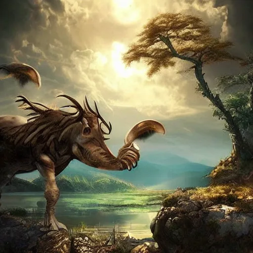 Image similar to large landscapes from another world, beautiful depiction, very detailed animals, enhance lighting, the sky is looking really cool