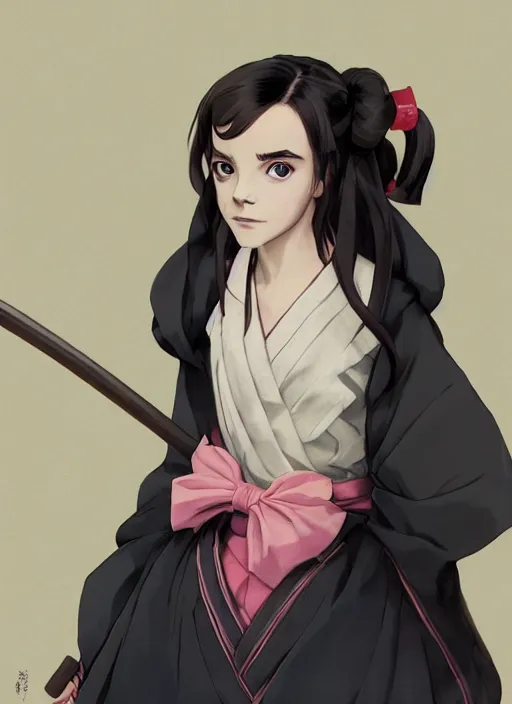 Image similar to emma watson as nezuko from demon slayer anime ねずこ nezuko from demon slayer anime ねずこ nezuko from demon slayer anime ねずこ wearing kimono wrapped mouth by artgem by greg rutkowski trending on artstation