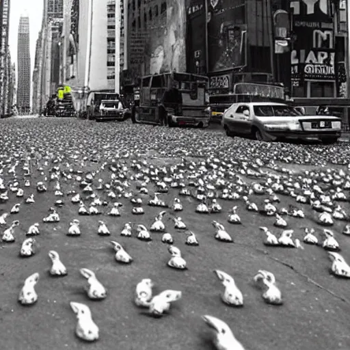 Image similar to NewYork street is raided by a million rabbit, Ultrarealism, real , fake, black and white