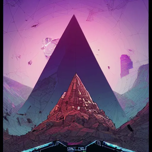 Prompt: cyberpunk explorer looking up at giant triangular monolith, highly detailed, midnight, by josan gonzalez, moebius, laurie greasley