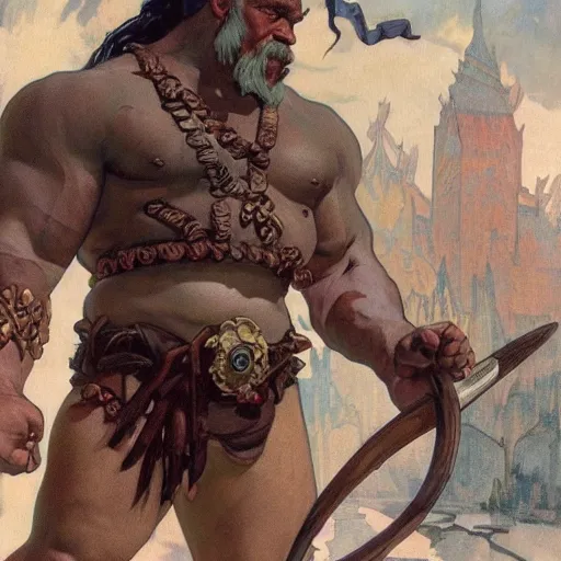 Image similar to frost goliath, battle axe, tribal tattoos on his face and arms, very muscular, large fists, fantasy, d & d, by alphonse mucha, adolfo hohenstein, alice russell glenny, stanley artgerm lau, greg rutkowski, detailed 4 k, trending on artstation, smooth, sharp focus