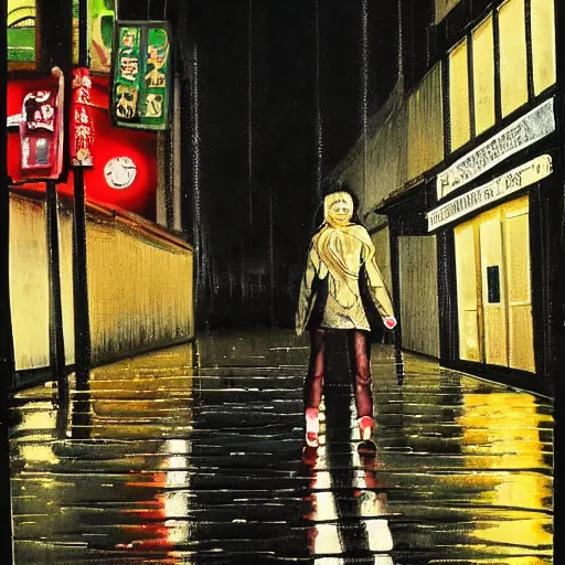 Image similar to girl in leather jacket walking down rainy city street at night, Kiyohiko Azuma