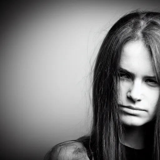 Prompt: masterpiece photo of a melancholic portrait of an aesthetic beautiful 30 years old woman, with mid long hair, canon 50mm, monochromatic, background blur, closer view, realistic!