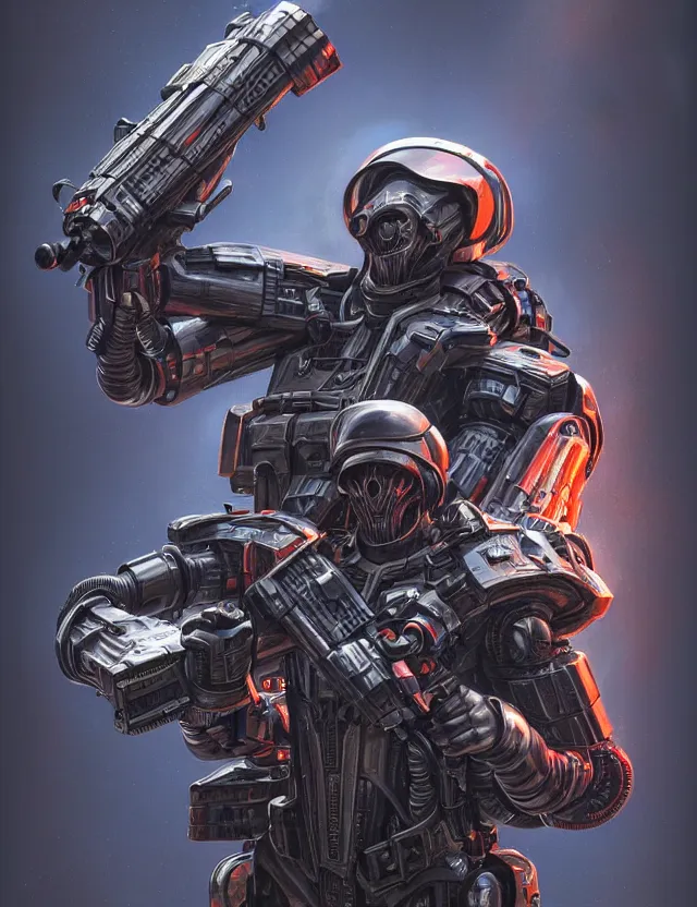 Image similar to a portrait of a tactical exoskeleton with miniguns painted in the pepsi logo, by moebius and tyler edlin and hr giger, trending on artstation, digital art, 4 k resolution, detailed, high quality, sharp focus, hq artwork, coherent, insane detail, concept art