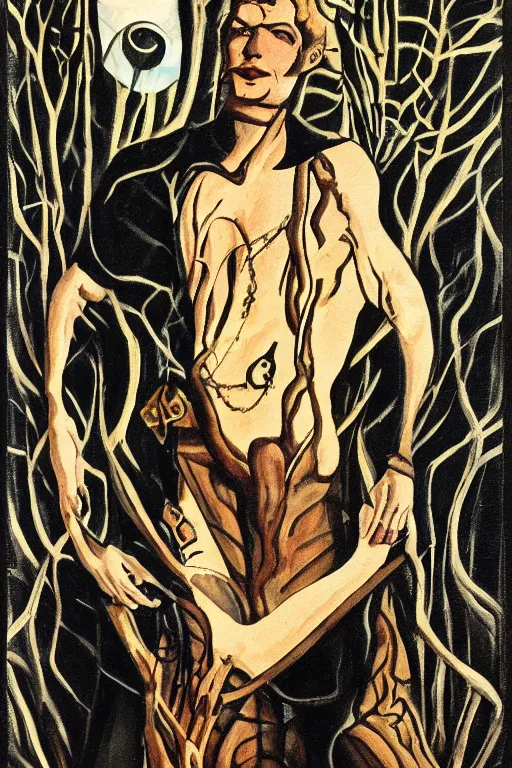 Image similar to a dark art deco painting of a handsome cowboy tied to a tree with wiccan symbols painted on him | background is dark twisted woods | tarot! card, art deco, art nouveau | by Mark Maggiori | trending on artstation