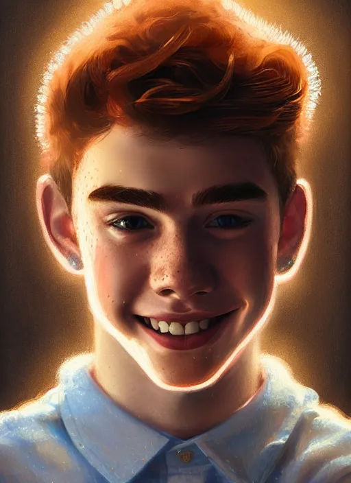 Image similar to portrait of teenage archie andrews, freckles, curly middle part haircut, curly hair, smiling kindly, intricate, elegant, glowing lights, highly detailed, digital painting, artstation, concept art, smooth, sharp focus, illustration, art by wlop, mars ravelo and greg rutkowski