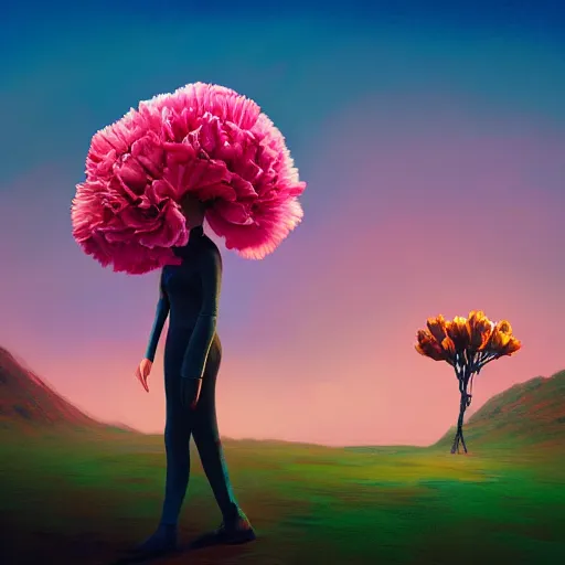 Prompt: giant carnation flower head girl, suit, desert, surreal photography, sunrise, dramatic light, impressionist painting, digital painting, artstation, simon stalenhag