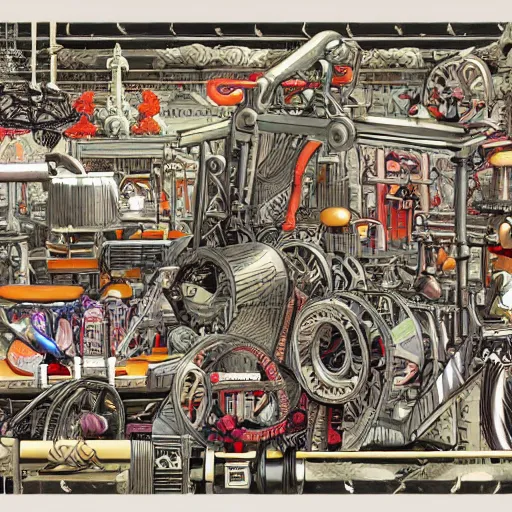 Image similar to a chaotic scene of a crazy machine with lots of details and contraptions. there is a small pair of scissors hidden in the details. the illustration is very detailed and intricate, with a lot of small elements that come together to create a cohesive whole. it uses a limited palette of colors, which helps to create a cohesive and unified look.