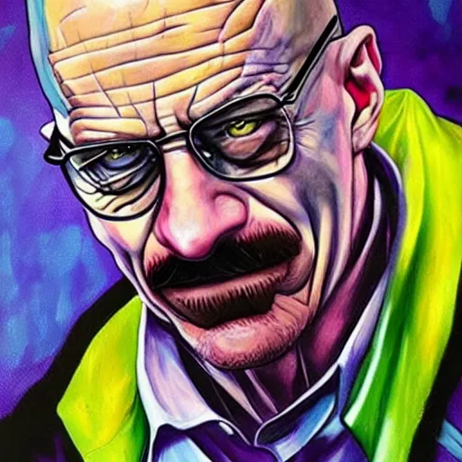 Image similar to walter white wearing the joker suit, dripping paint