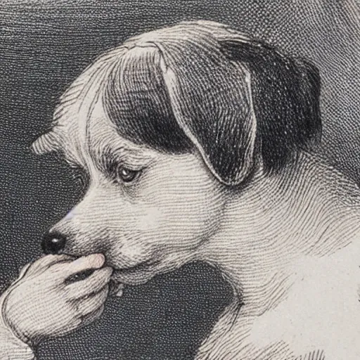 Image similar to closeup candid portrait of jack russel terrier crying, illustrated by peggy fortnum and beatrix potter and sir john tenniel