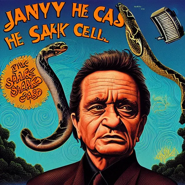 Image similar to album cover for Johnny Cash: The Snake Oil Tapes, album art by Ron Walotsky, snake oil album, snakes