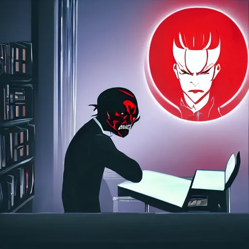 Prompt: dark lord sitting at desk, medium shot, portrait, john k, semi realistic anime, red demon cyberpunk symbols