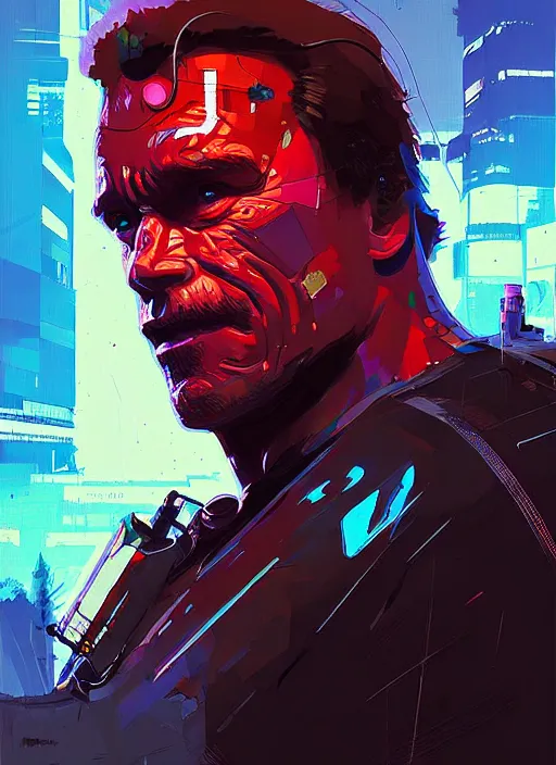 Image similar to portrait of schwarzenegger as cyberpunk street fighter, by ismail inceoglu