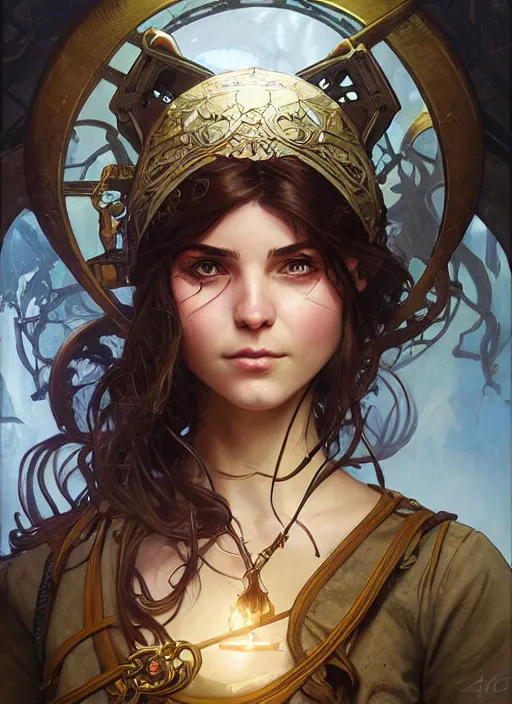 Prompt: an epic fantasy comic book style portrait painting of a young tinker girl working on a device in her workshop, d & d, fantasy, intricate, elegant, highly detailed, digital painting, artstation, concept art, matte, sharp focus, illustration, art by artgerm and greg rutkowski and alphonse mucha