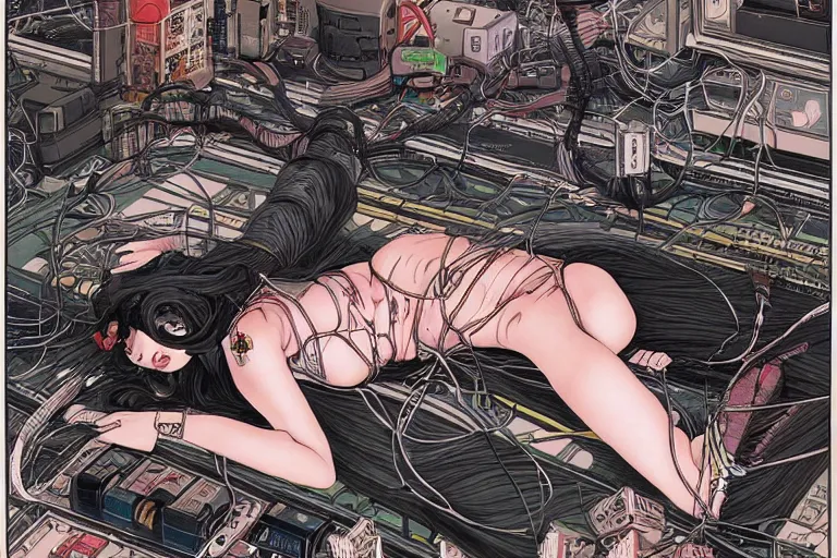 Prompt: an intricate, awe inspiring cyberpunk illustration of a female android body lying open on a labor floor, wires and cables coming out, by masamune shirow and katsuhiro otomo ((colorful))