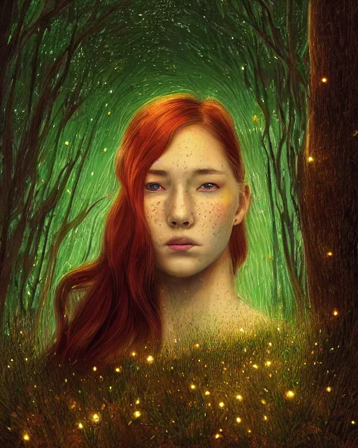 Image similar to a young woman, amazed by the lights of golden fireflies, sitting in the midst of nature fully covered, long loose red hair, intricate linework, dreamy green eyes, small nose with freckles, oval shape face, soft happy smile, realistic, expressive emotions, dramatic lights scene, hyper realistic ultrafine digital art by james jean and albert bierstadt and artgerm