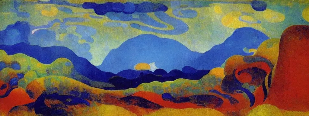 Image similar to An insane, modernist landscape painting. Wild energy patterns rippling in all directions. Curves, organic, zig-zags. Mountains, clouds. Rushing water. Waves. Psychedelic dream world. Ethereal. Odilon Redon. Andre Derain.