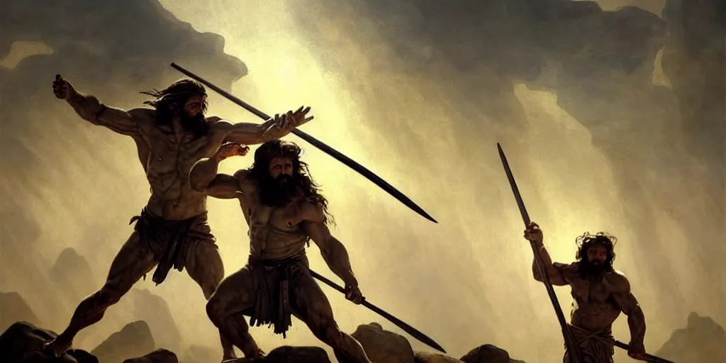 Image similar to realistic painting of biblical Cain with a spear fighting Abel with a scythe, a stone altar with white smoke ascending in the background, masculine and rugged, inspired art by Frazetta + facial symmetry + dramatic volumetric lighting, well lit, 8k octane render, intricate, epic composition, golden hour cinematic lighting + masterpiece, trending on artstation, very detailed, masterpiece, stunning