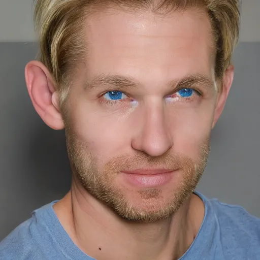 Prompt: color photograph of a 40 year old very handsome white skinny man with short, curly, blond hair and very small blue eyes, dressed in a white t shirt, gray shorts and a gray cabby cap, with a small mole to the right of his very thin lips, with a straight nose and blond stubble, with a round face, and an earring in the left ear. He resembles a lion.