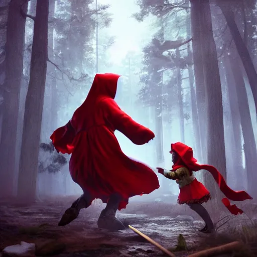 Image similar to Toddler little red riding hood fighting and slaying a giant scary werewolf, 3d scene, render, ultra realistic, zenith view, Greg Rutkowski, artstation, cgsociety, unreal engine, 3d scene, render, ultra realistic