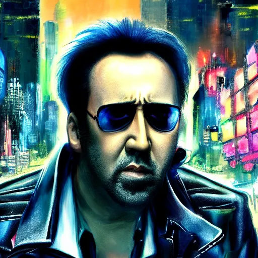 Image similar to nicolas cage, cyberpunk