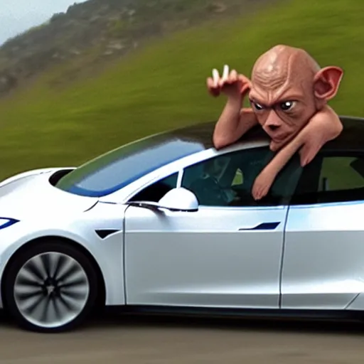 Image similar to gollum driving a Tesla