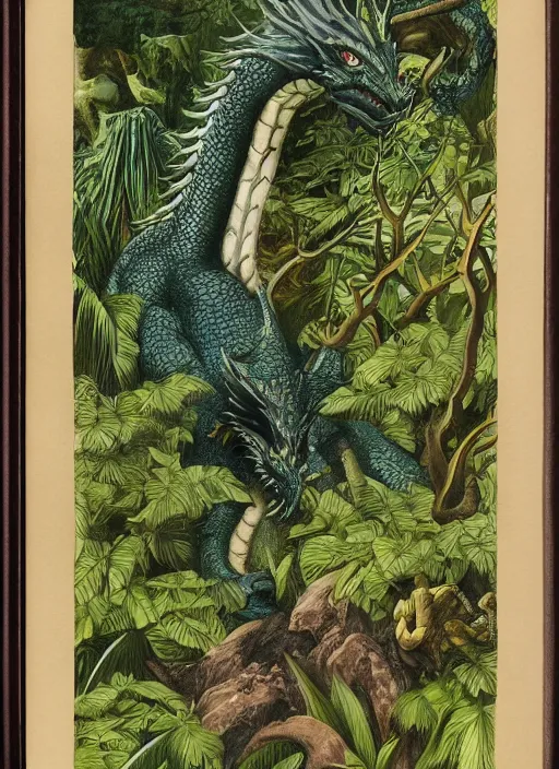 Prompt: game of thrones dragon in a tropical forest, john james audubon, intaglio, sharp focus