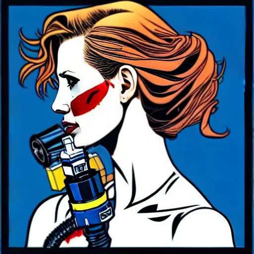 Image similar to a profile photo of a jessica chastain woman with a diving oxygen mask with side profile blood in ocean intricate details by MARVEL comics and Sandra Chevrier-C