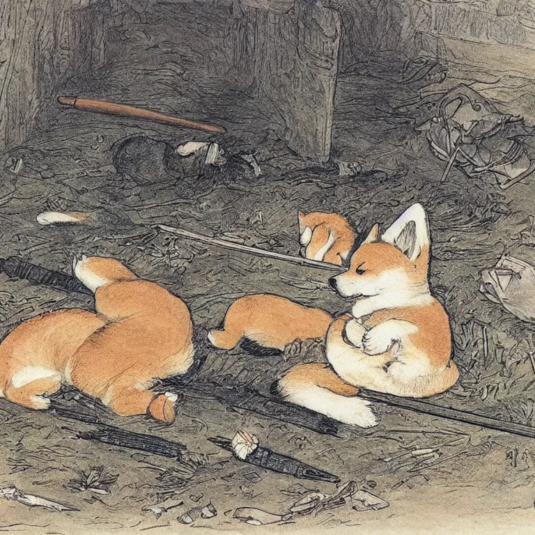 Prompt: shiba inu sleeping on the battlefield in the vicious and chaotic aftermath of battle, by beatrix potter