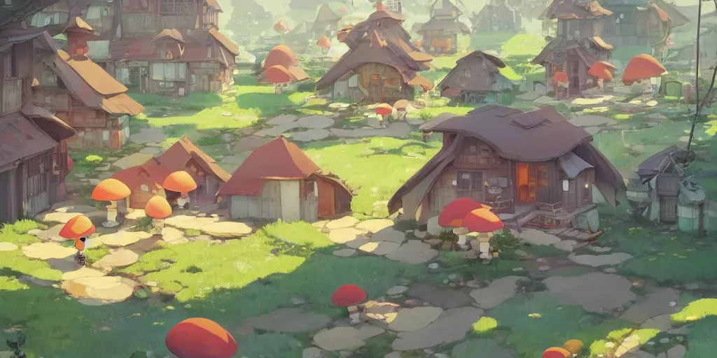 Image similar to mushroom houses by cory loftis & akihiko yoshida & james gilleard & atey ghailan & makoto shinkai & goro fujita & studio ghibli, rim light, exquisite lighting, clear focus, very coherent, plain background, soft painting, photorealistic, unreal engine 5, 4 k