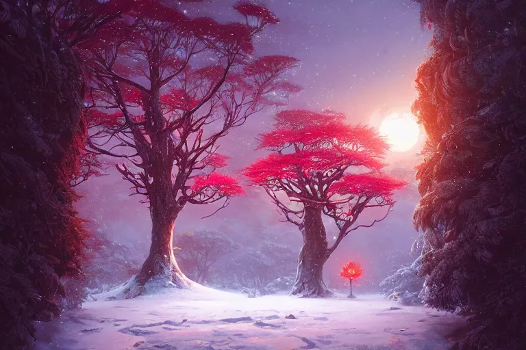 Image similar to giant tree in snow with red flowers, unreal engine, fantasy art by greg rutkowski, loish, rhads, ferdinand knab, makoto shinkai and lois van baarle, ilya kuvshinov, rossdraws, tom bagshaw, global illumination, radiant light, detailed and intricate environment