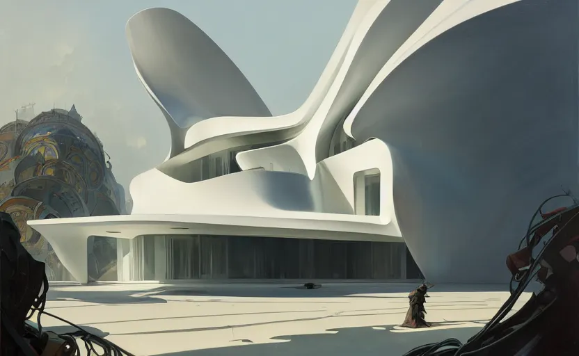 Prompt: painting of a wide angle exterior shot of a white modern architecture with cinematic lighting by zaha hadid and peterzumthor, darek zabrocki and greg ruthkowski, alphonse mucha, simon stalenhag and cinematic and blue cold atmospheric, archillect concept art, artstation, trending on artstation