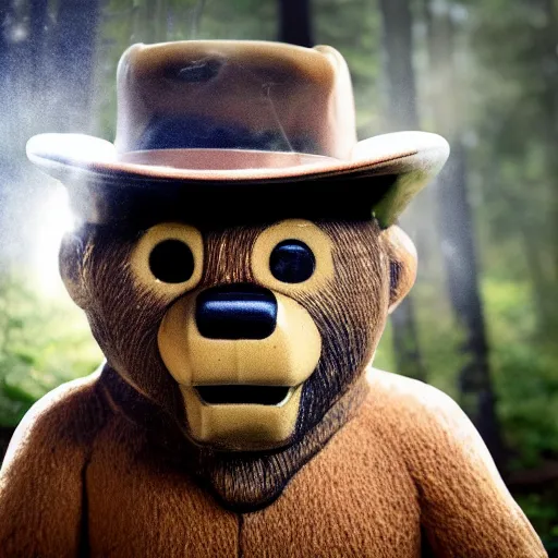 Image similar to UHD canndid photo of Smokey The Bear in the woods, sitting on the porcelain throne, by Annie leibowitz, photorealisitc, extremely detailed