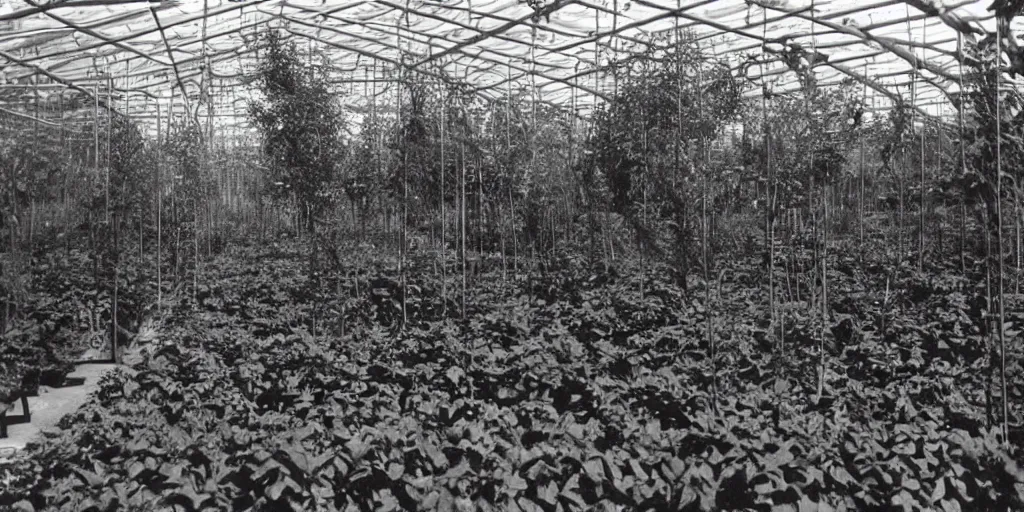 Prompt: interior of experimental greenhouse, novel plants created by the plant wizard luther burbank.