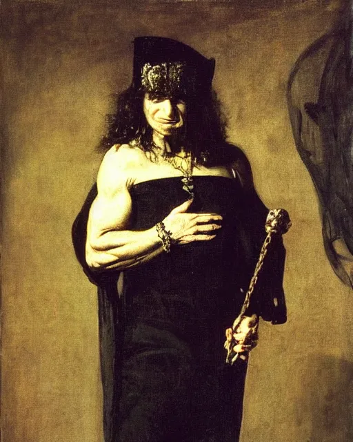 Image similar to Ozzy Osbourne as a royal courtly magician in the 17th century. Baroque portrait in the style of Caravaggio, William Merritt Chase, Goya.