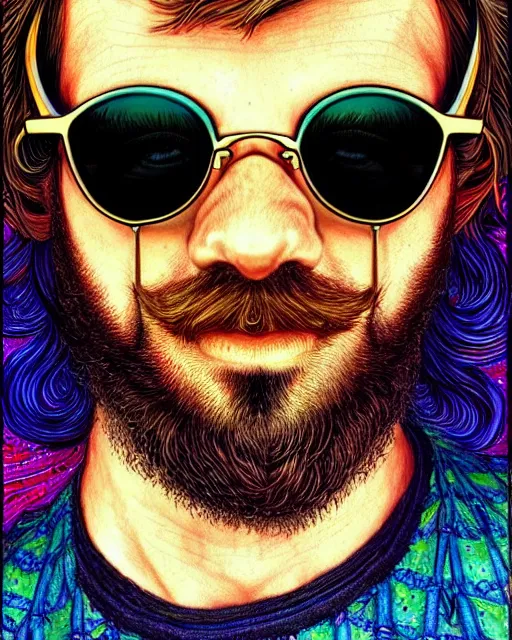 Prompt: detailed hipster skinny man with triangle sunglasses, long vibrant colored beard, dmt, by james gurney + intricate and vibrant work + portrait + trending on artstation + incredible gothic illustration + exquisite detail