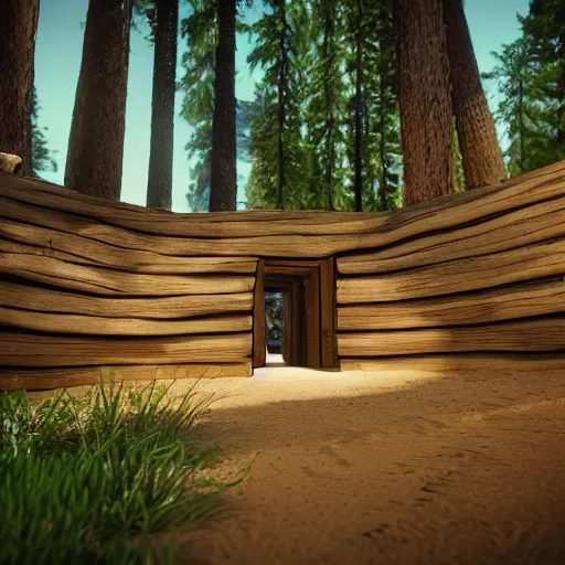 Prompt: A portal made out of twisted wood in the middle of a pine forest. The portal leads to a quiet, sandy beach. Unreal engine, photorealistic.