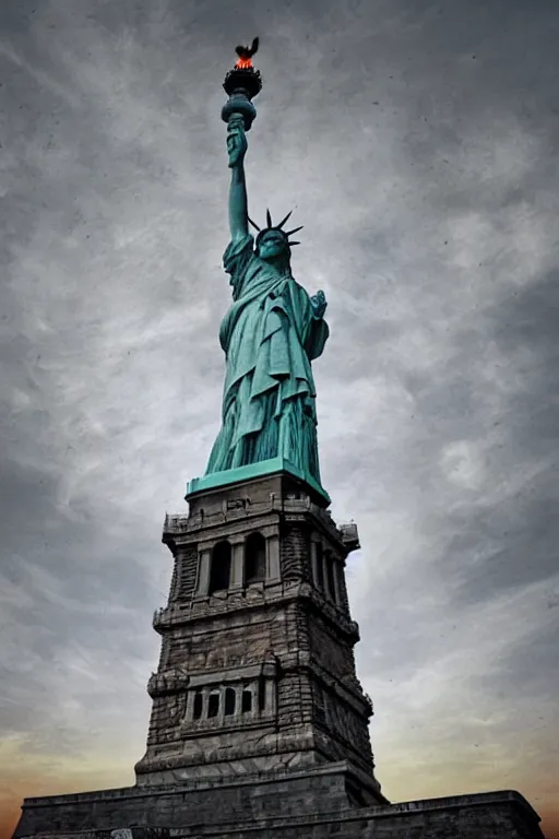 Image similar to ultra wide angle shot of an impossibly tall guillotine, next to the statue of liberty, surrealism, in the style of terry gilliam