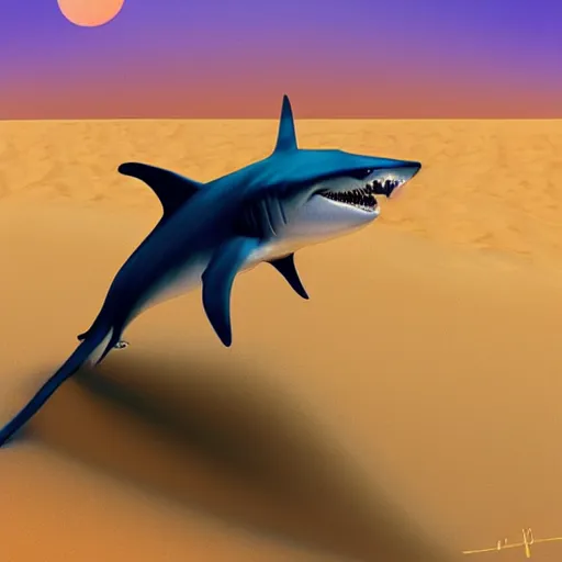 Prompt: a desert shark swimming through sand dunes, warm and cool colour palette, digital painting, artstation, art by lily abdullina,