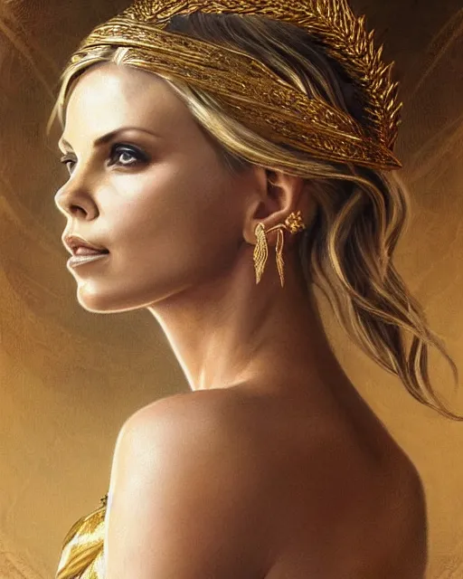 Image similar to tattoo sketch of charlize theron as aphrodite the greek goddess wearing a gold laurel wreath and triangle earrings, beautiful piercing gaze with sharp pupils, in the style of greg rutkowski, fantasy, amazing detail, epic, elegant, smooth, sharp focus, front view