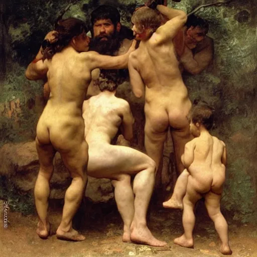 Image similar to portrait of an ancient human species neanderthal muscular rubenesque hairy family, by bouguereau, norman rockwell, ruben, manet, renoir