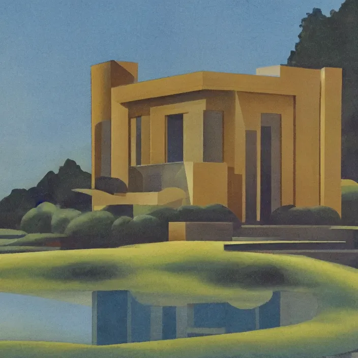 Image similar to a building in a serene landscape, art deco