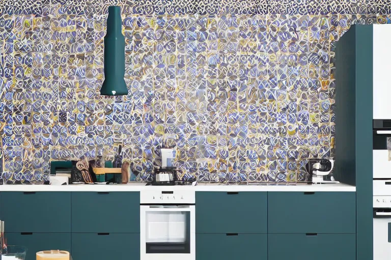 Prompt: IKEA catalogue, vaporwave kitchen with geometric tiles, gaudi