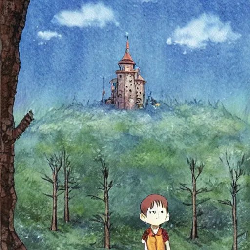 Image similar to laputa castle in the sky robot hayao miyazaki stands in a small clearing among trees, watercolor illustration for a book