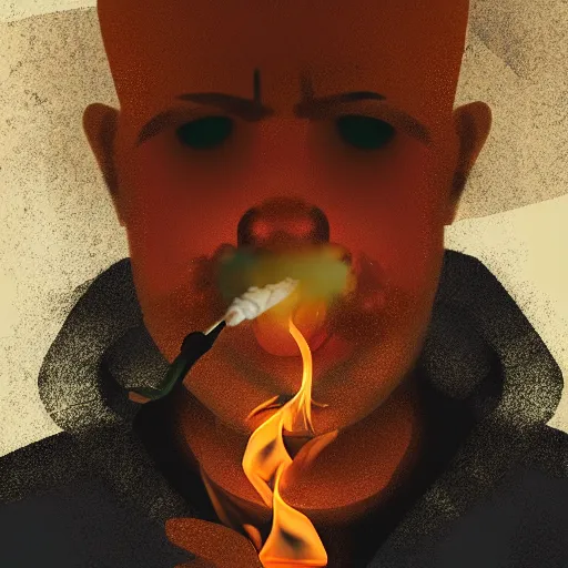 Prompt: A man with fires coming out of his eyes having a smoke, detailed digital art