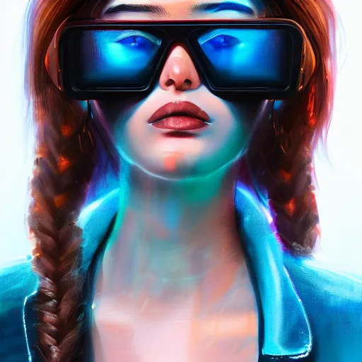 Image similar to closeup painting of a very beautiful young mexican cyberpunk woman, wearing light blue shutter shades and a dark brown leather jacket, one side haircut, long brown hair with light blue ends, portrait, hyperdetailed, artstation, cgsociety, 8 k, synthwave by tangerine dream