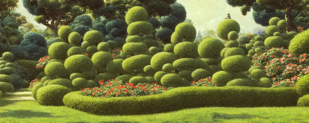 Image similar to ghibli illustrated background of a topiary garden by eugene von guerard, ivan shishkin, john singer sargent