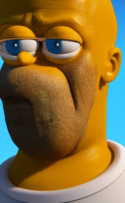 Image similar to 3D-Render of Homer Simpson in real life, hyperrealism, details, greasy face, big nose, big cartoon eyes, big lips, yellow skin, double chin, stubble, receding hairline, white shirt, close up, portrait, realism, Unreal Engine 5, 8K, photo, super-detailed, high quality, high resolution, 4K, HDR, ray tracing,