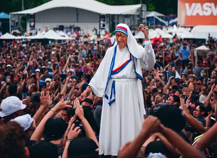 Image similar to photo still of mother teresa on stage at vans warped tour!!!!!!!! at age 4 8 years old 4 8 years of age!!!!!!! throwing roseries to the crowd, 8 k, 8 5 mm f 1. 8, studio lighting, rim light, right side key light