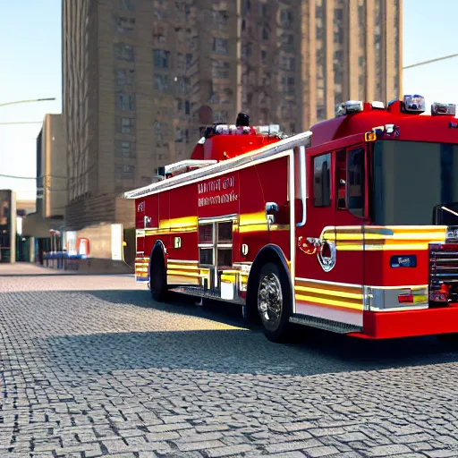 Image similar to octane 3 d render of an fire truck in a city